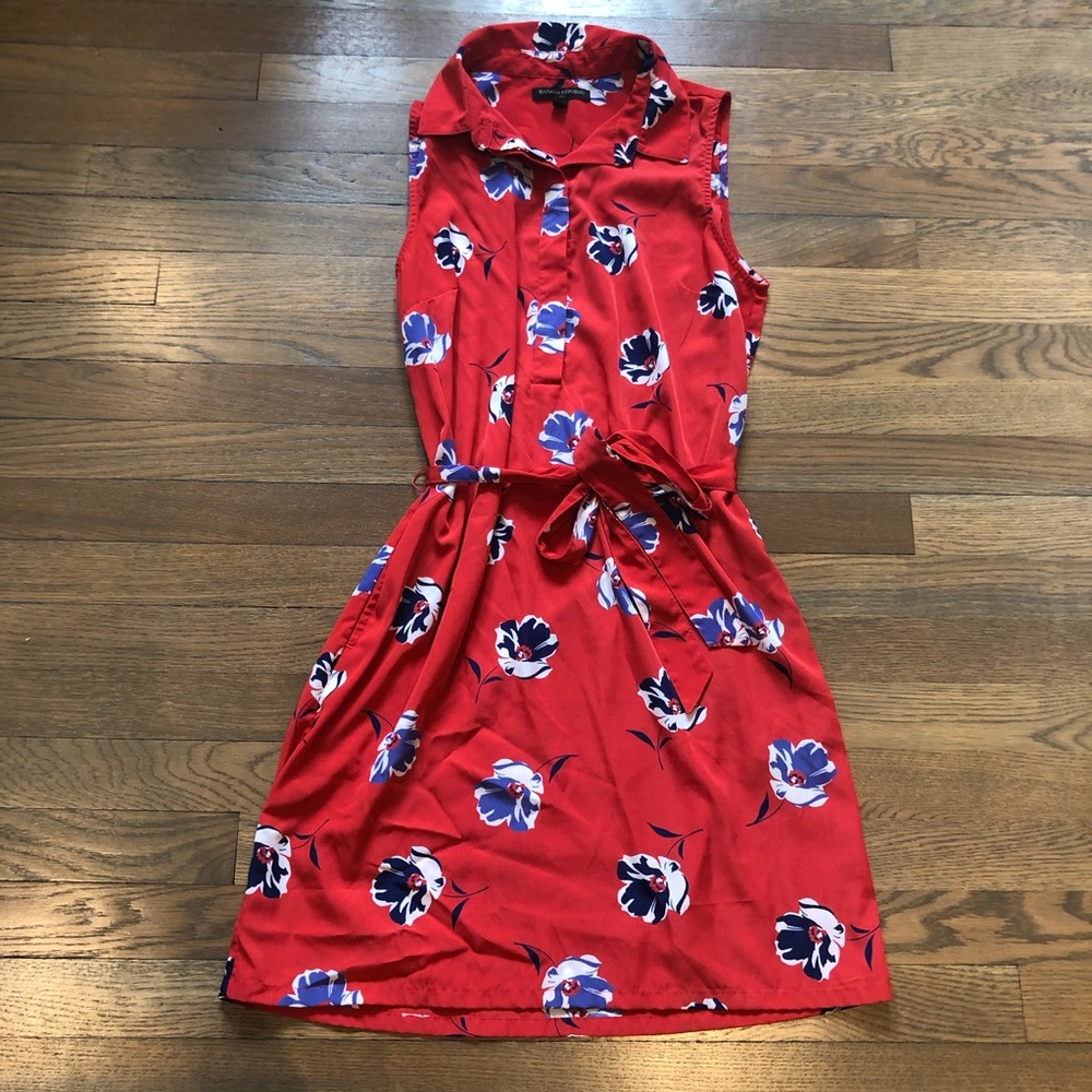 Banana Republic Red Floral Midi Dress with Blue & White Accents
